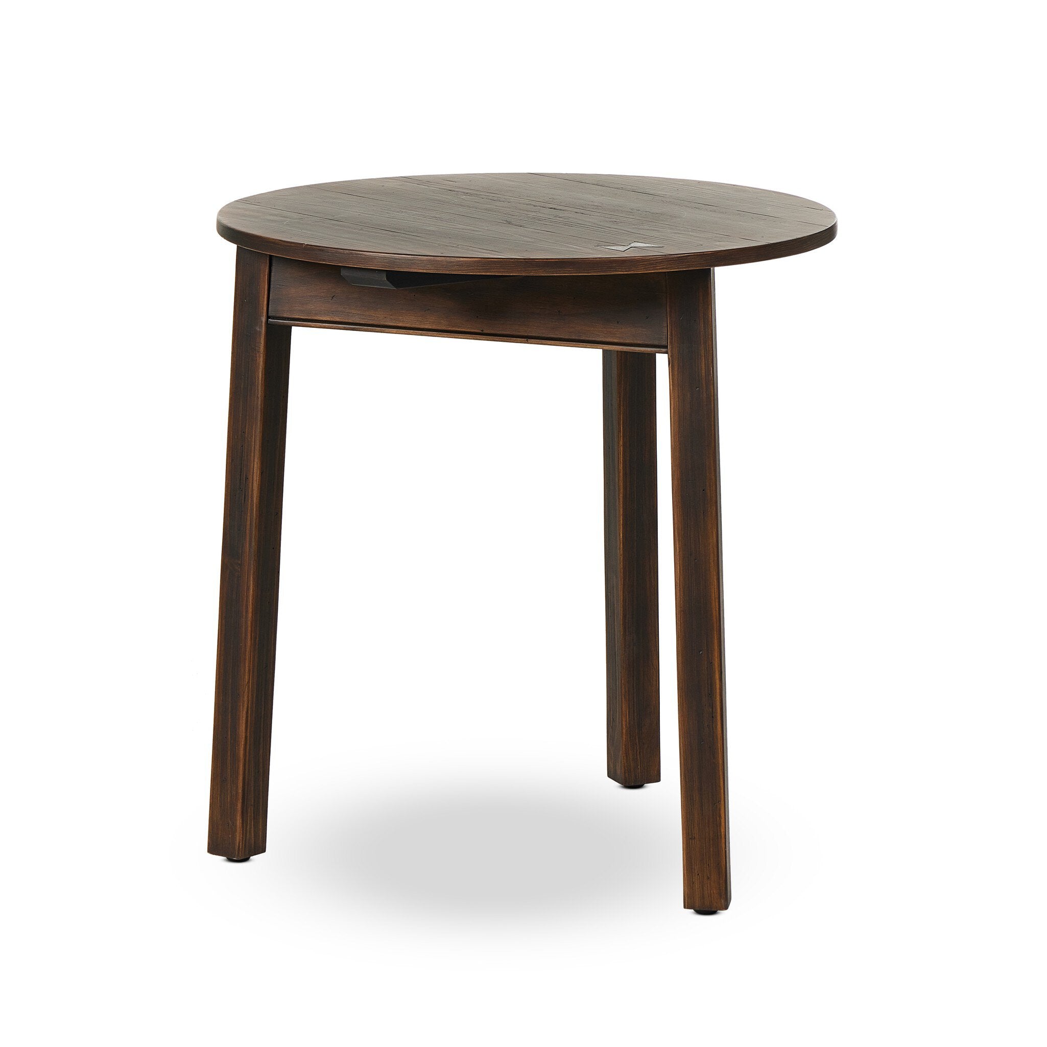 Antique inspired three-legged end table made of brown-finished pine on a white background. | Wildwood Home Co.