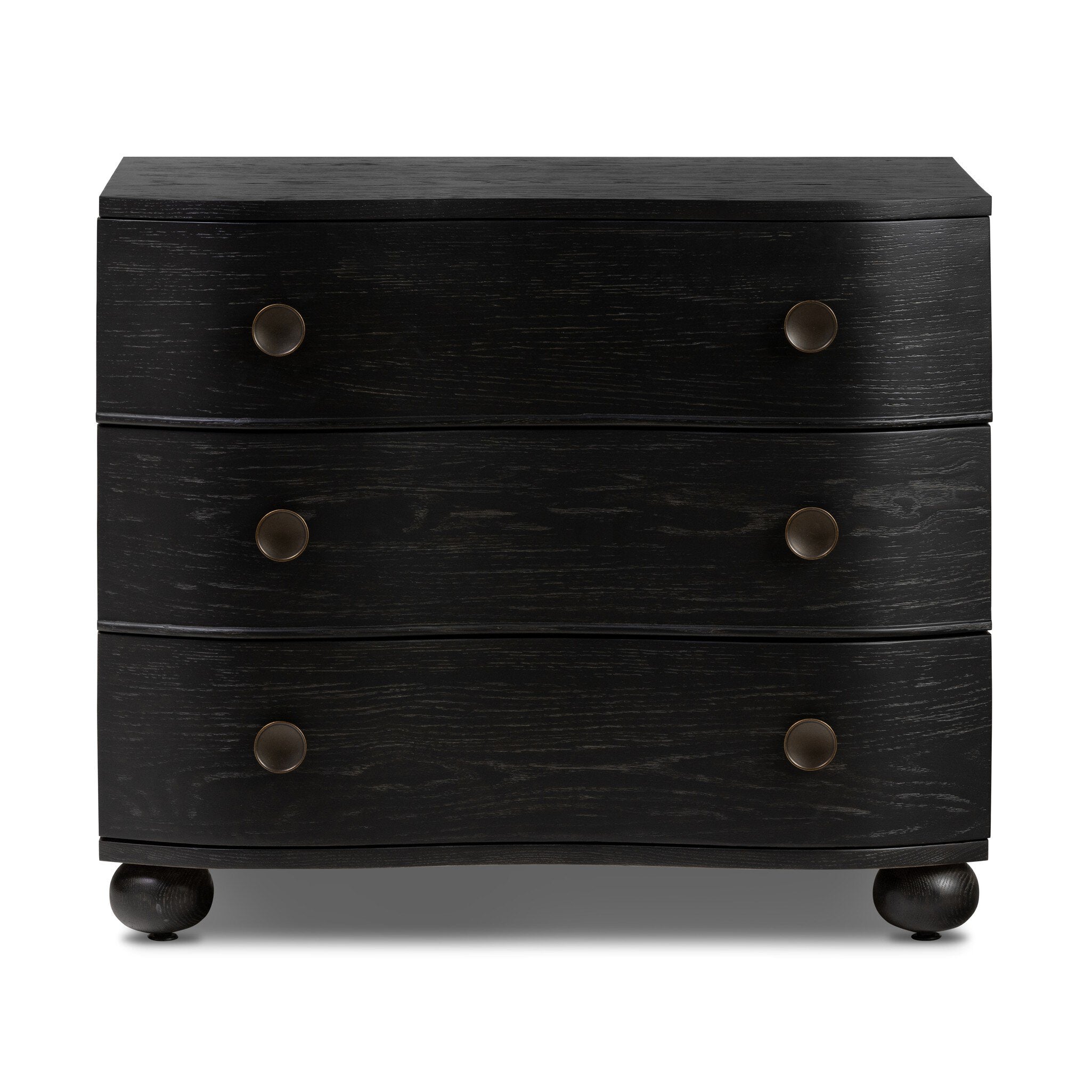 Dark wood dresser with three drawers and round knobs on a white background. | Wildwood Home Co.