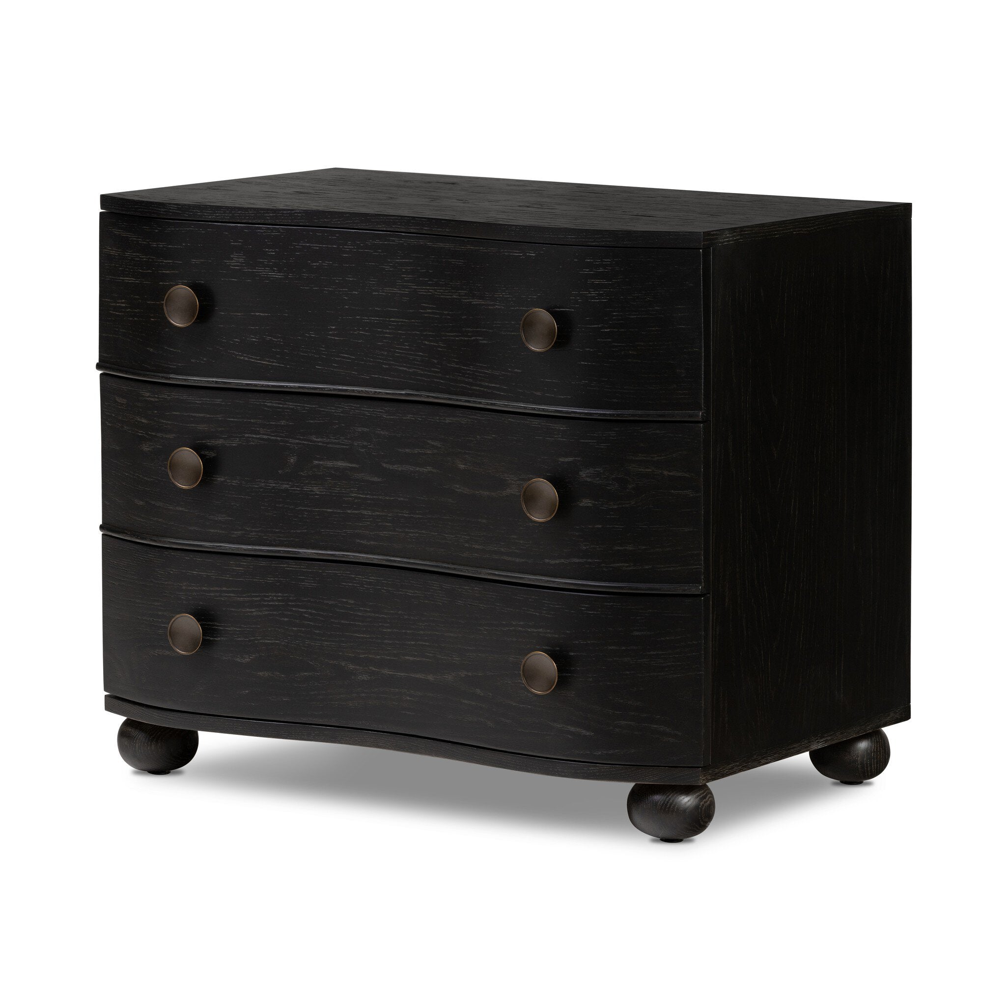 Dark wood dresser with three drawers and round knobs on a white background. | Wildwood Home Co.