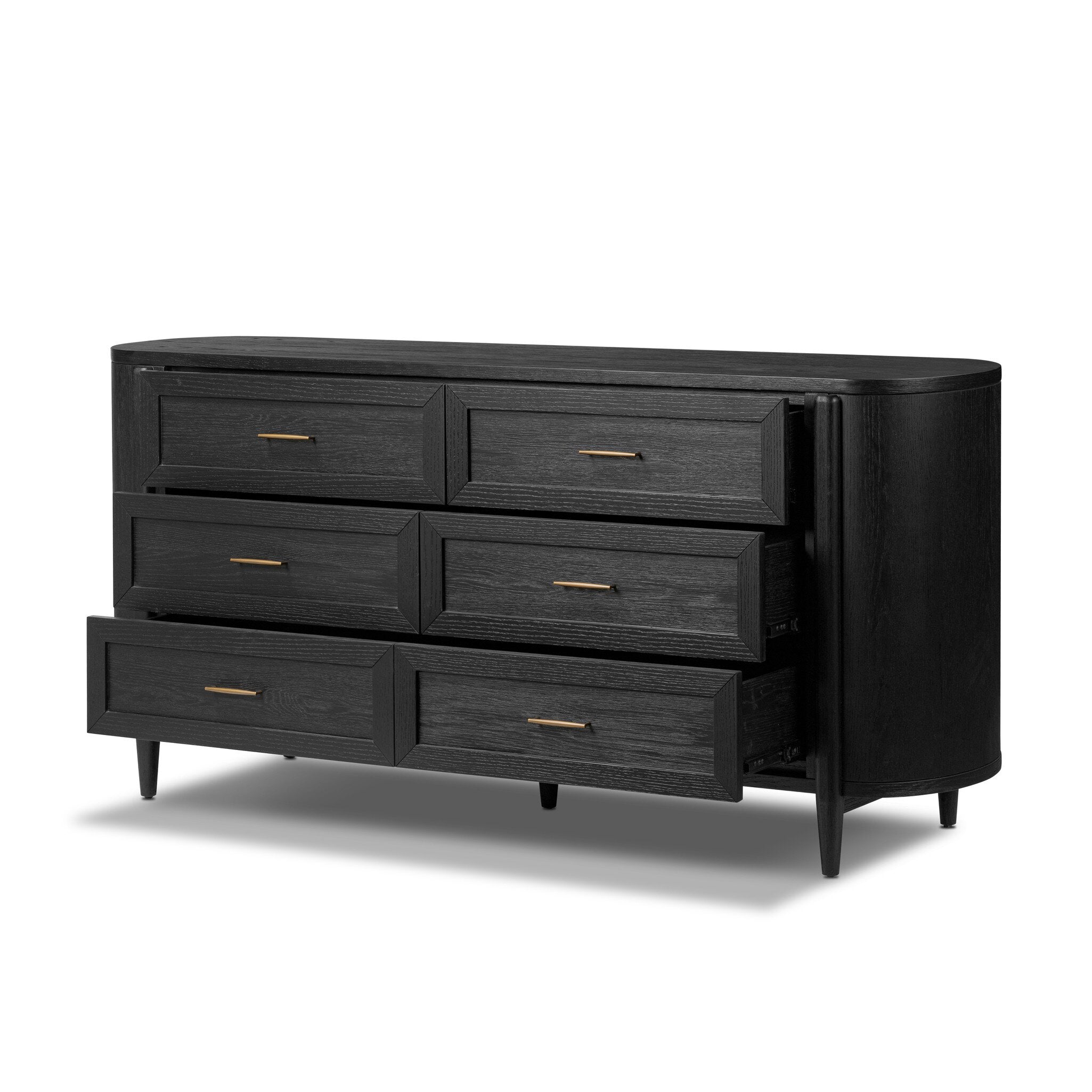 A curved black dresser with brass handles on a white background.