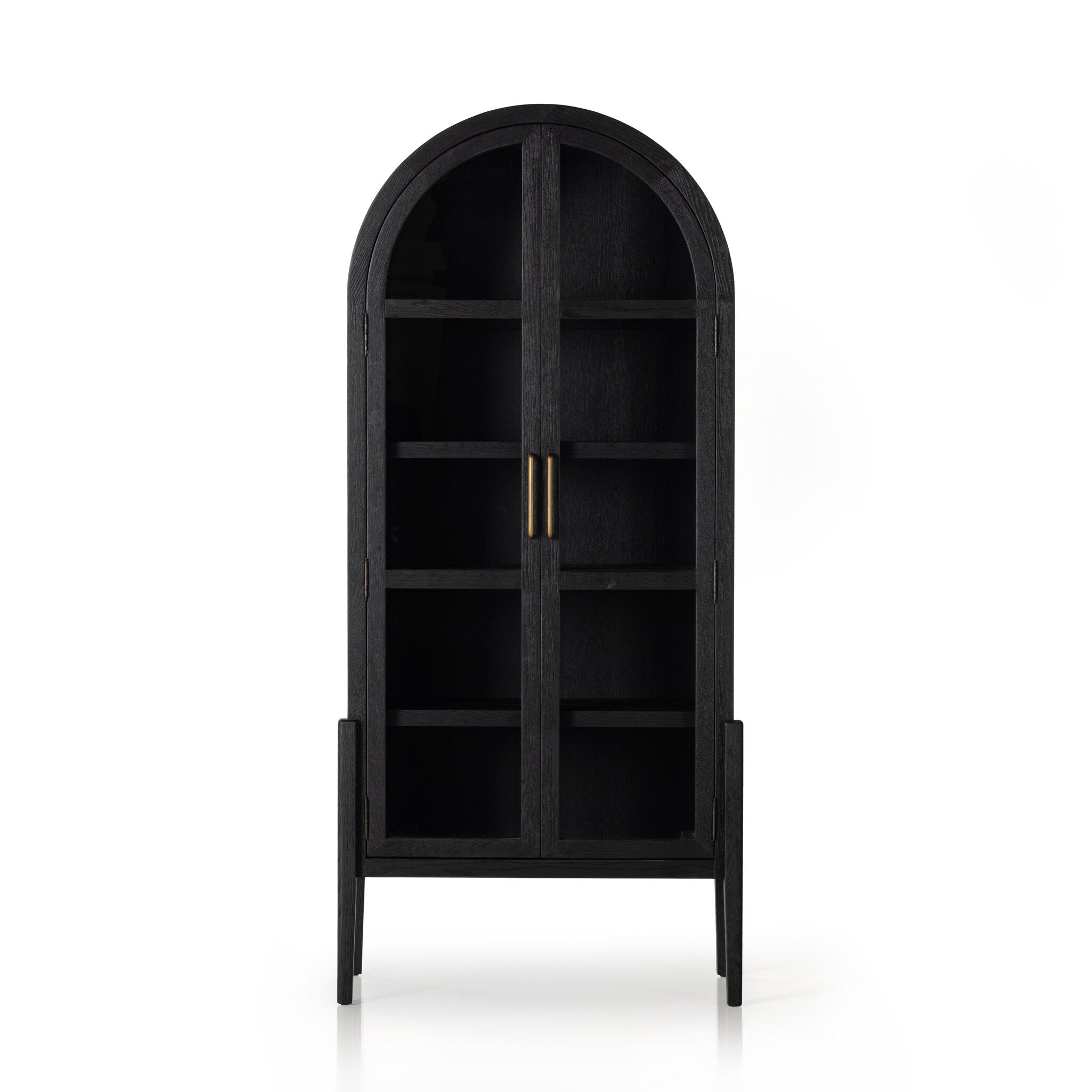 Black-finished solid oak cabinet with an arched top and glass doors. | Wildwood Home Co.