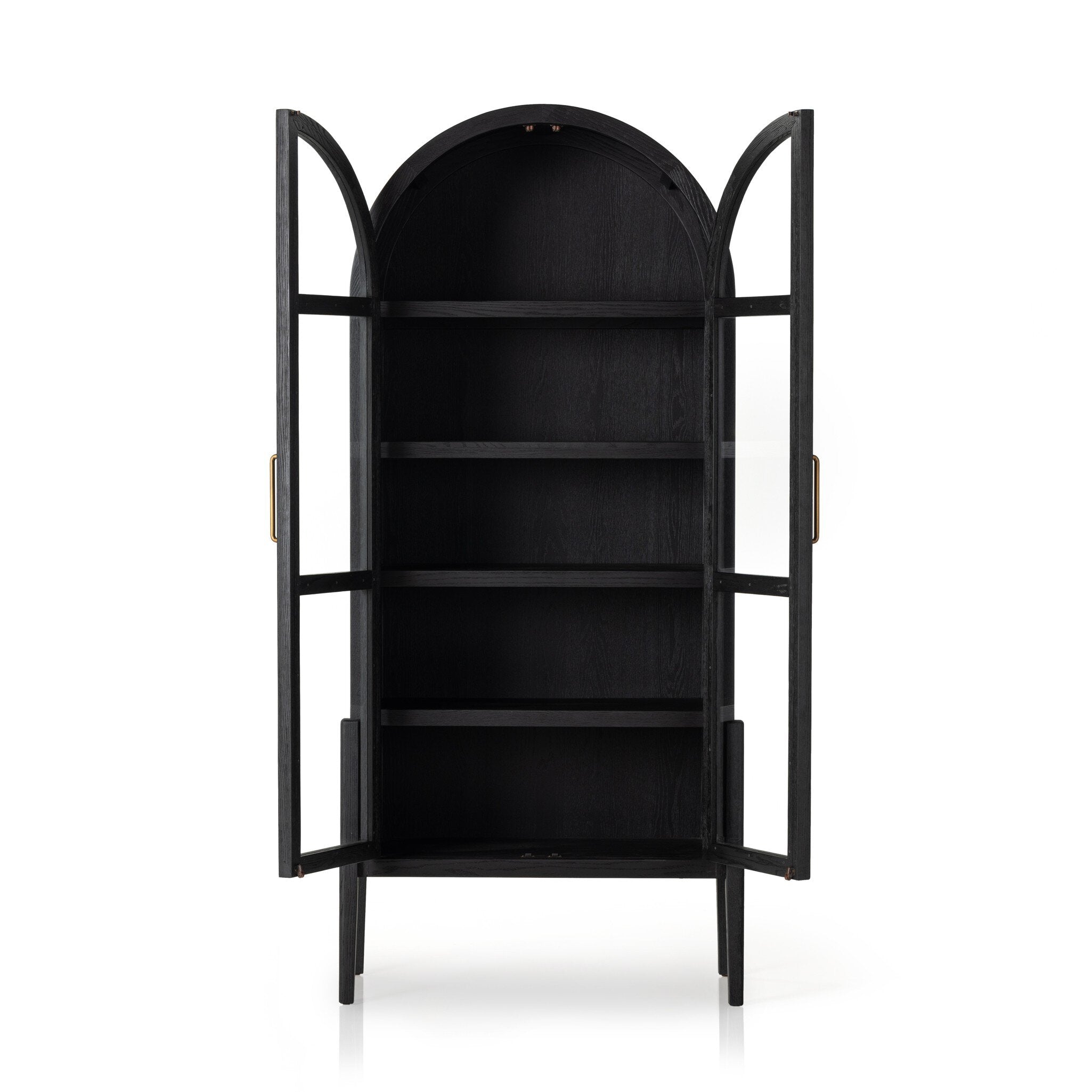 Front view of a black-finished solid oak cabinet with an arched top and glass doors.