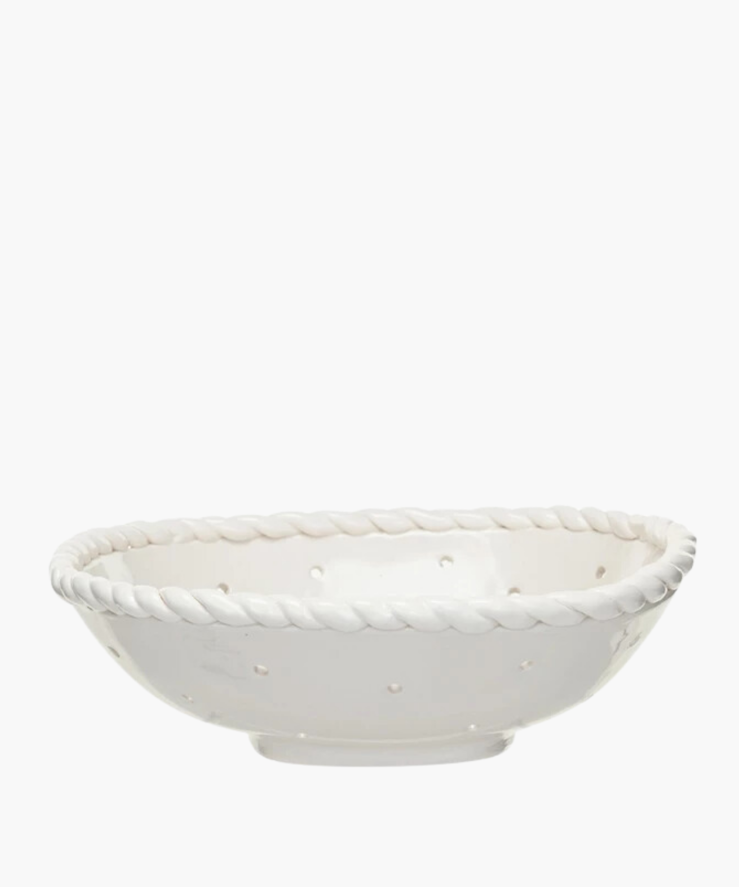White ceramic colander with a rope-like textured rim and small dot detail pattern. The surface is smooth and glossy, exuding a simple, elegant feel. | Wildwood Home Co.