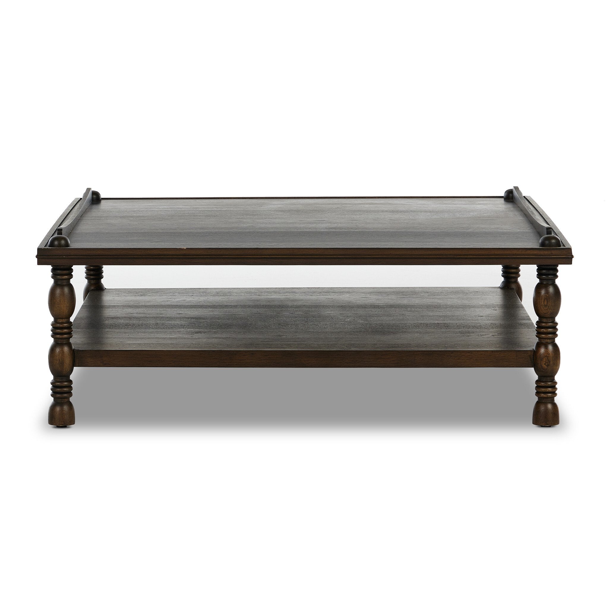 Wooden coffee table with two levels on a white background. | Wildwood Home Co.