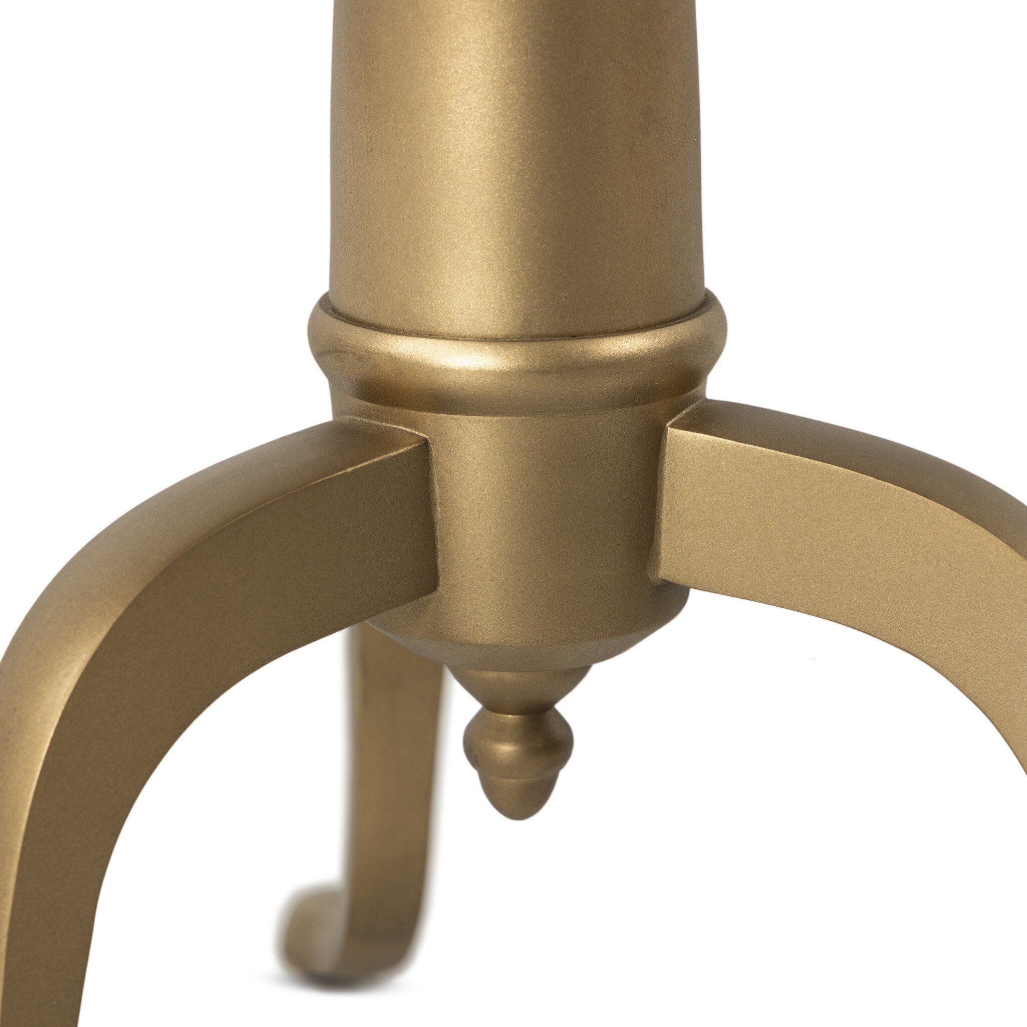 Close up view of a solid brass end table with a dark matte finish and a telescope post and tripod style feet on a white background.