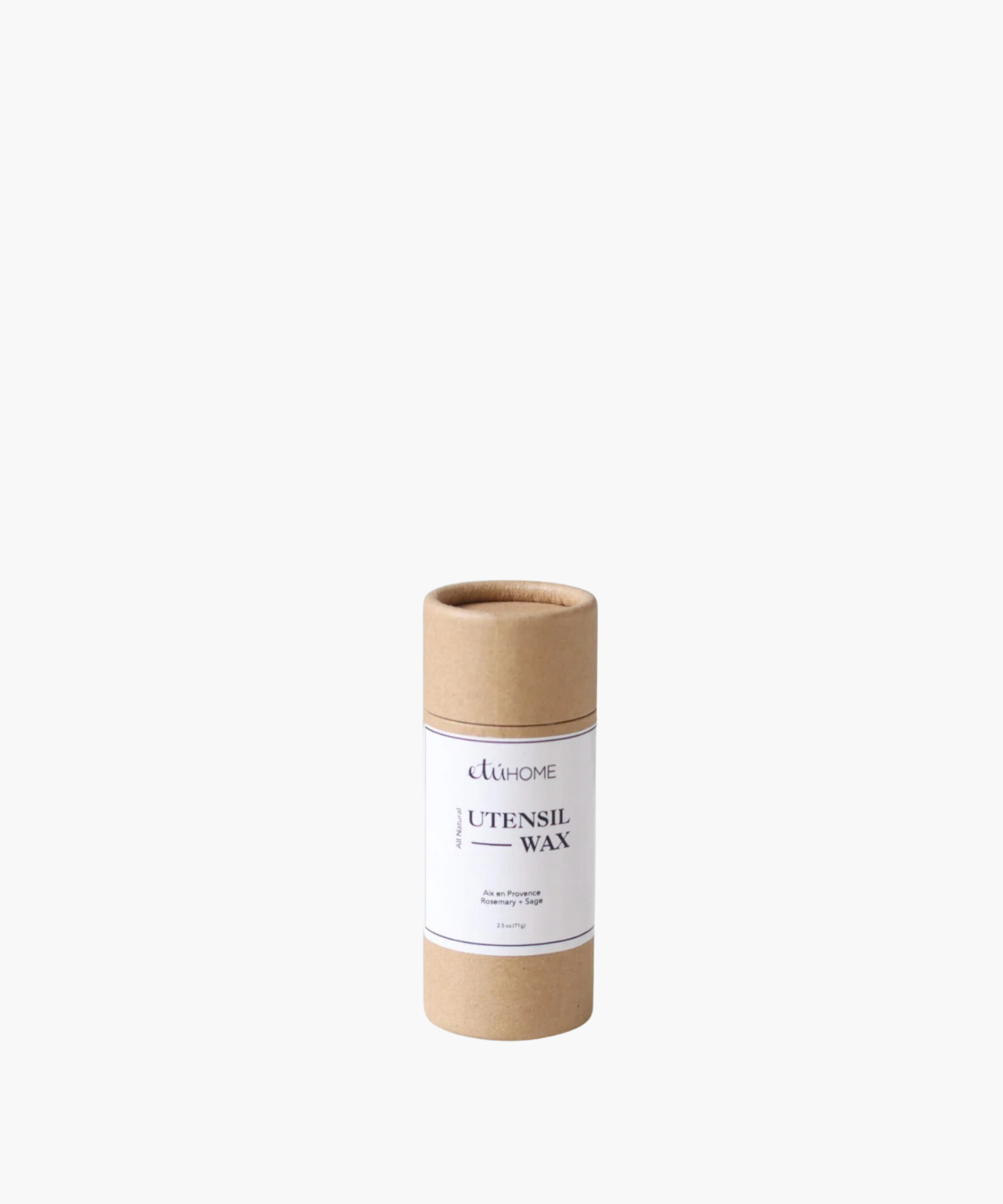 A cylindrical cardboard container labeled 'All Natural Utensil Wax', featuring Aix en Provence Rosemary and Sage. Simple and eco-friendly design. | Wildwood Home Co.