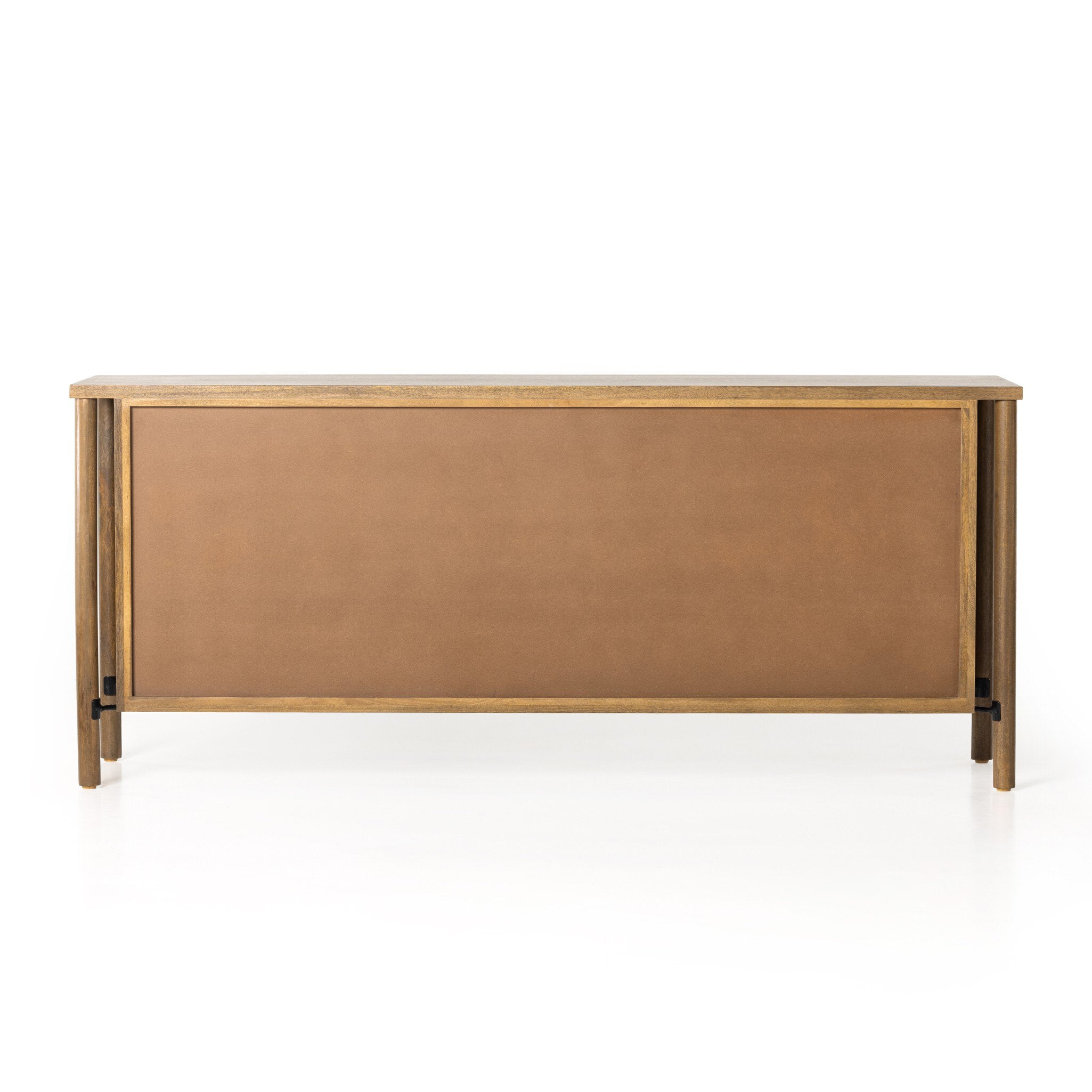 The back of a wooden sideboard with rattan doors on a white background.