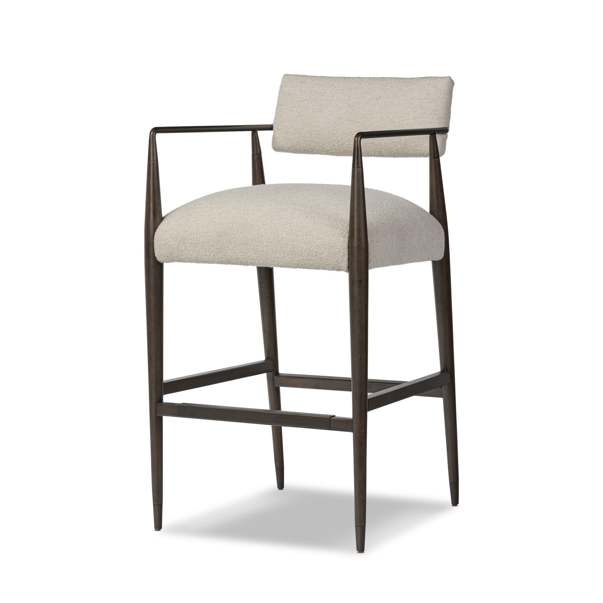 Bar stool with beige cushioned seat and backrest on a white background. | Wildwood Home Co.