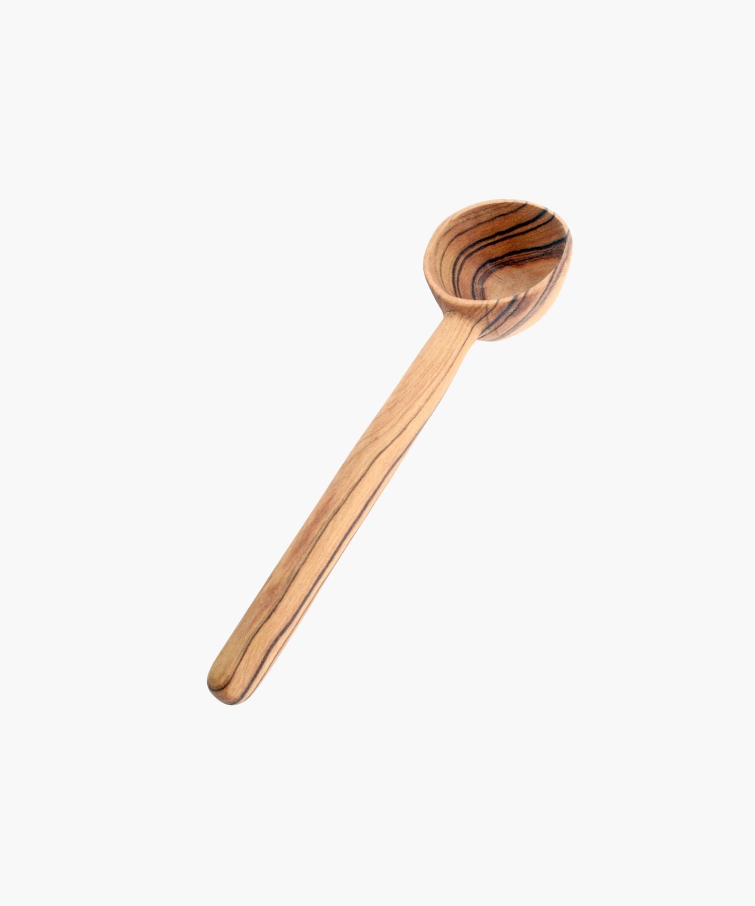 A wooden spoon with distinctive, dark grain patterns on light olive wood, shown on a plain white background. The design gives a rustic, artisanal feel. | Wildwood Home Co.