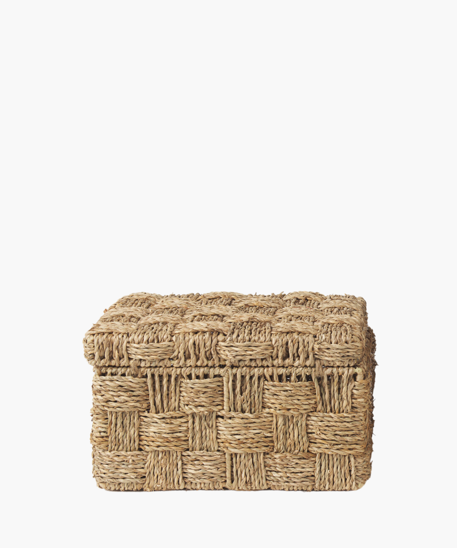 One woven basket made of natural fiber with a lid against a plain background, displaying a checkered pattern. The tone is earthy and rustic. | Wildwood Home Co.