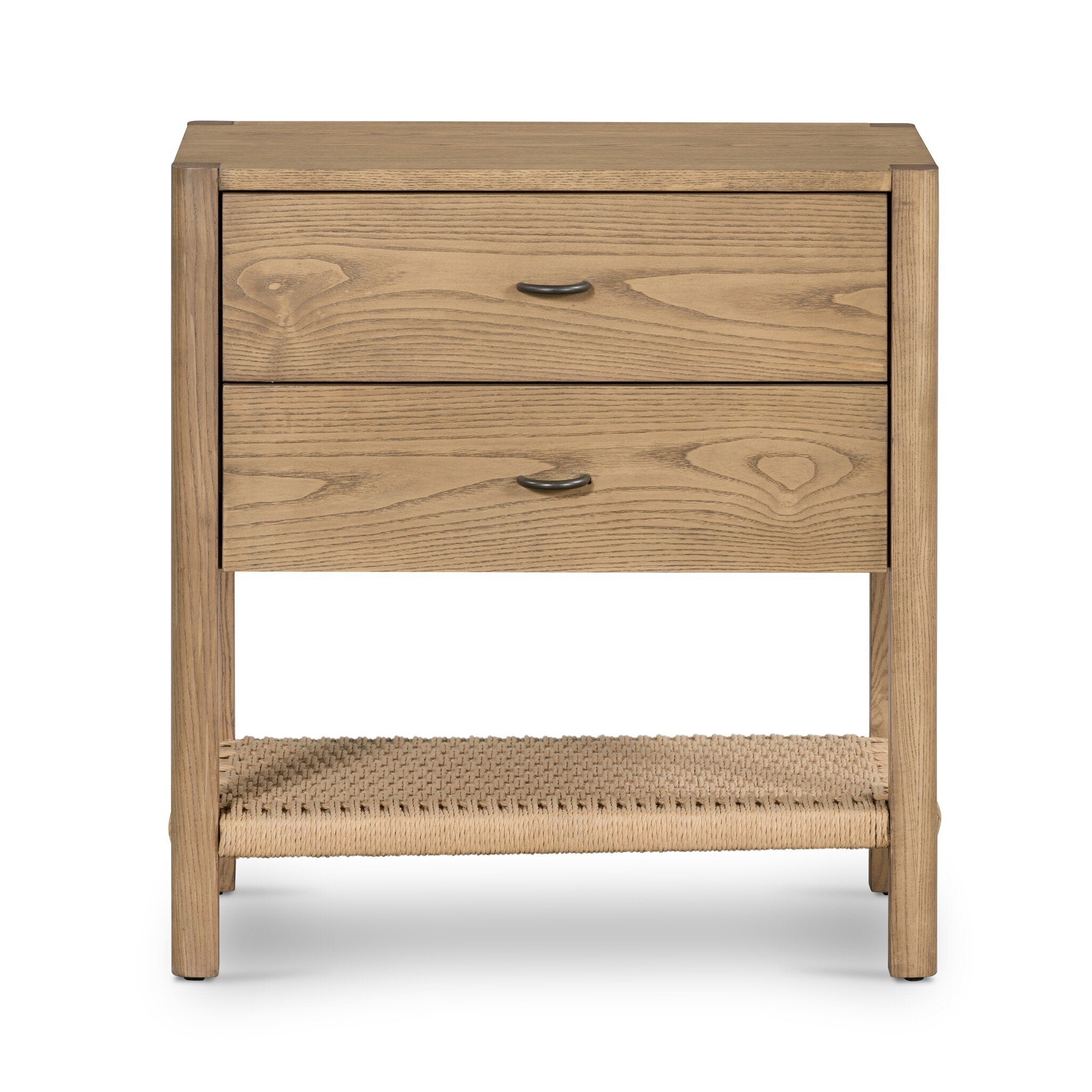 Wooden nightstand with two drawers and a woven shelf on a white background. | Wildwood Home Co.