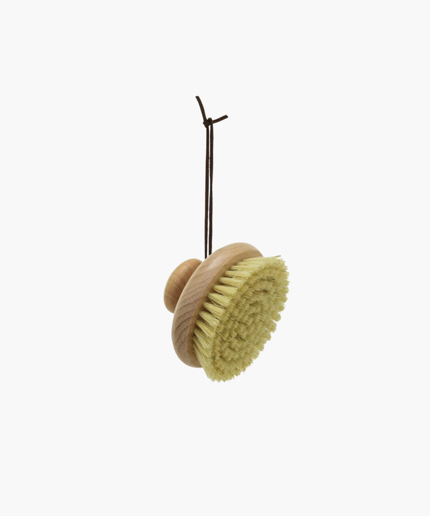 Wooden bath body brush with natural bristles and a round handle, hanging by a brown cord. Clean aesthetic, conveying simplicity and natural care.