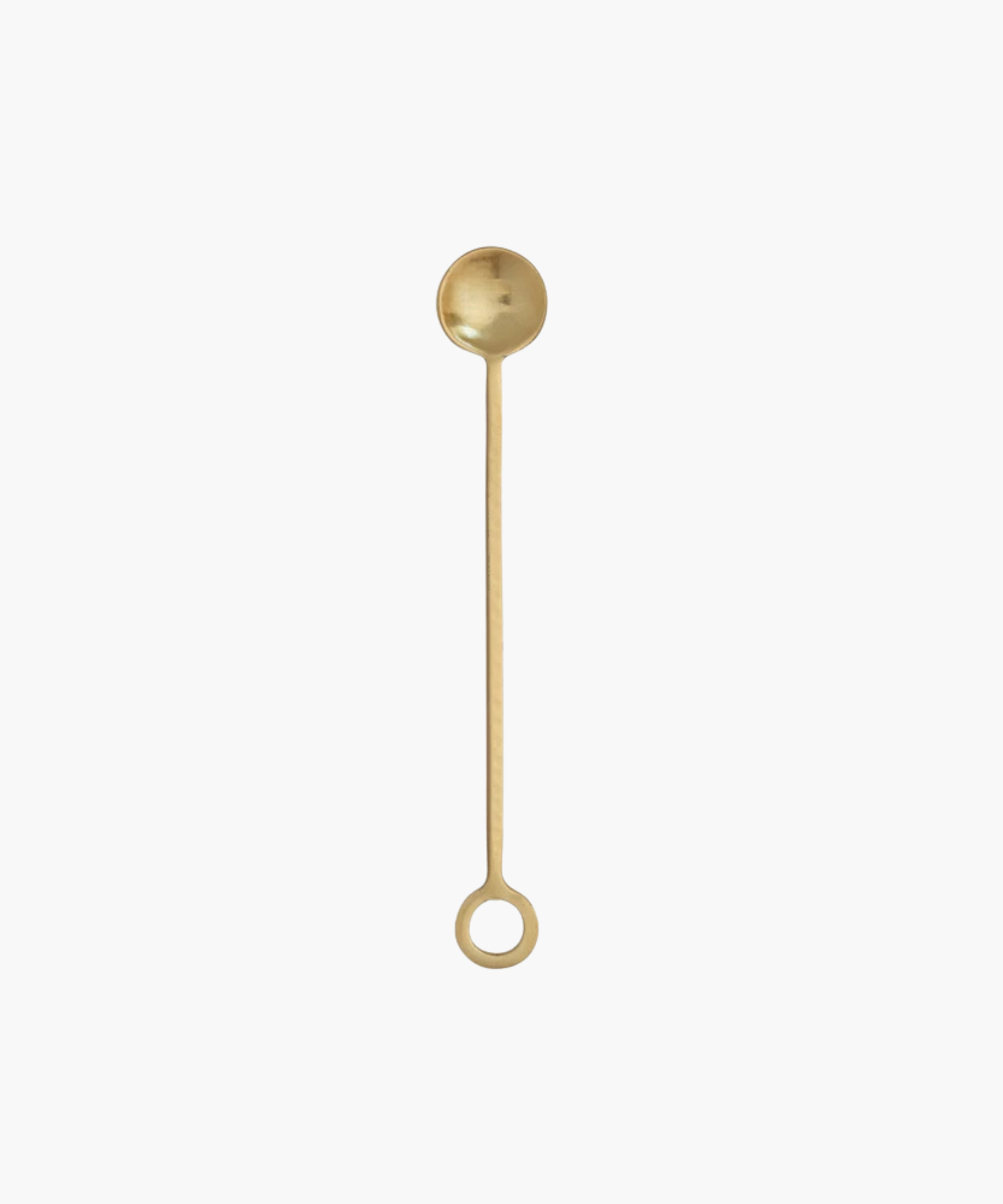 Elegant gold cocktail stirrer with a round spoon at one end and a circular handle at the other, set against a white background, exuding sophistication. | Wildwood Home Co.