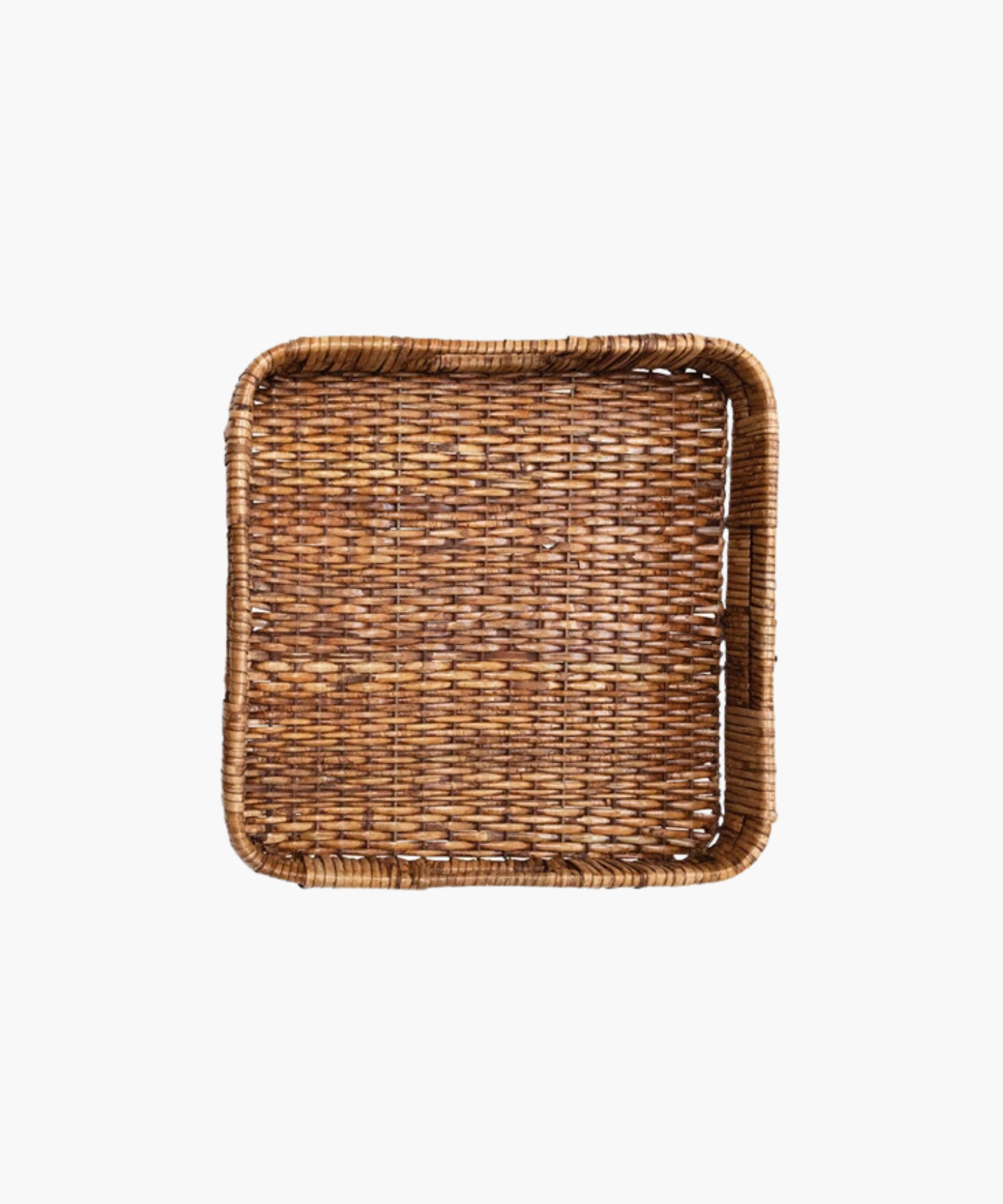 Square rattan tray with rounded edges, woven in a tight pattern. The tray is empty, showcasing natural brown tones and rustic texture.