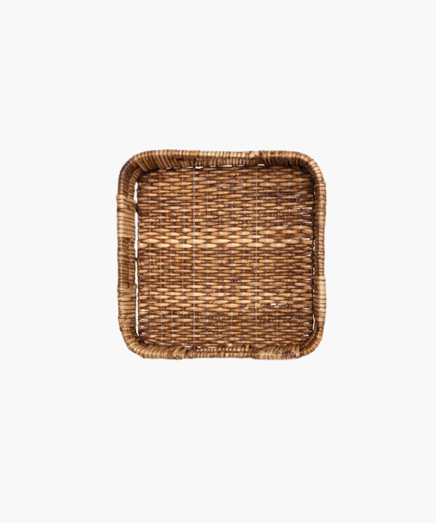 Square rattan tray with rounded edges, woven in a tight pattern. The tray is empty, showcasing natural brown tones and rustic texture.