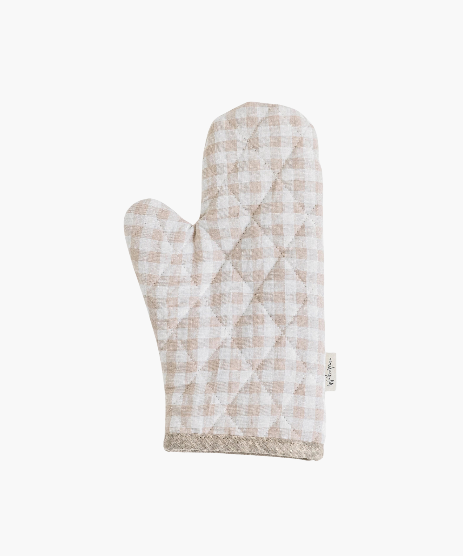 Quilted oven mitt with a beige and white checkered pattern. The fabric looks soft and cozy, conveying a warm and homely feel. | Wildwood Home Co.