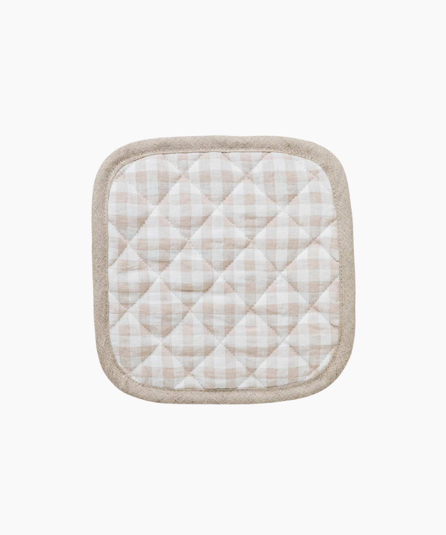 Quilted pot holder with a beige and white checkered pattern, framed by a light brown border. It has a soft, textured appearance, evoking coziness. | Wildwood Home Co.