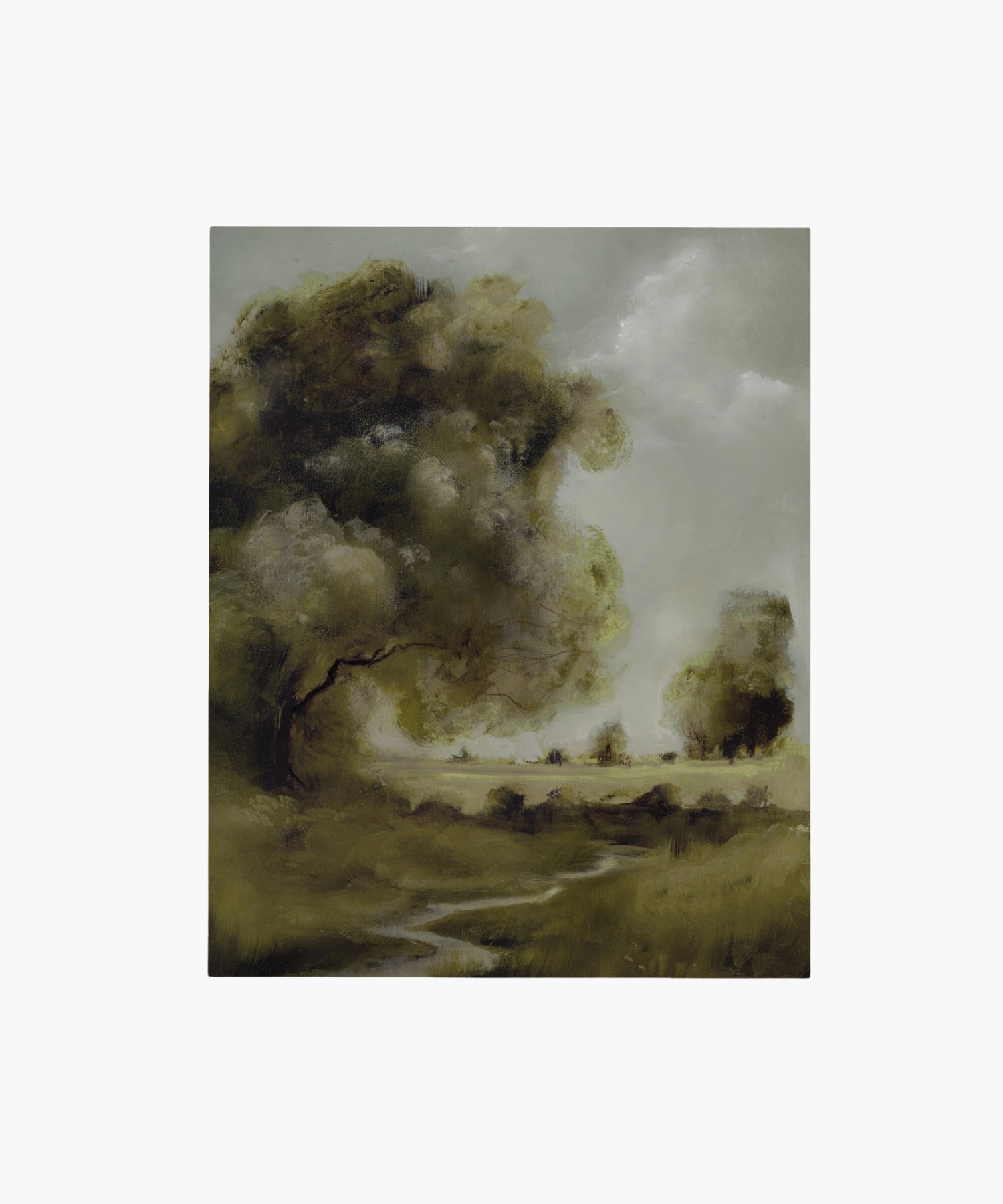 A serene landscape painting features a winding path through lush, green fields under a cloudy sky. Large trees frame the scene, conveying tranquility. | Wildwood Home Co.