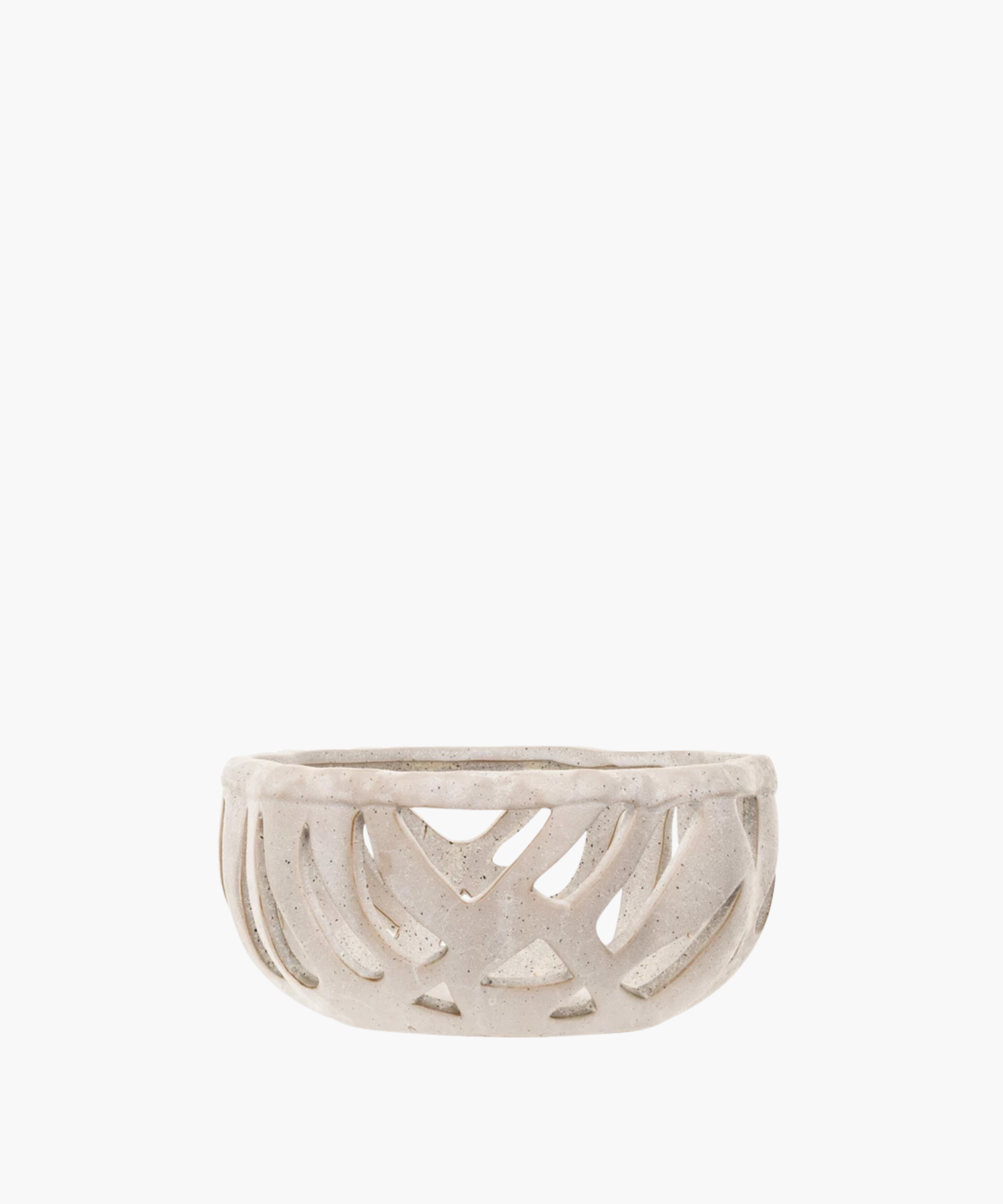 A ceramic bread basket with an off white, speckled finish features an intricate cut-out pattern. The design conveys elegance and modern simplicity.