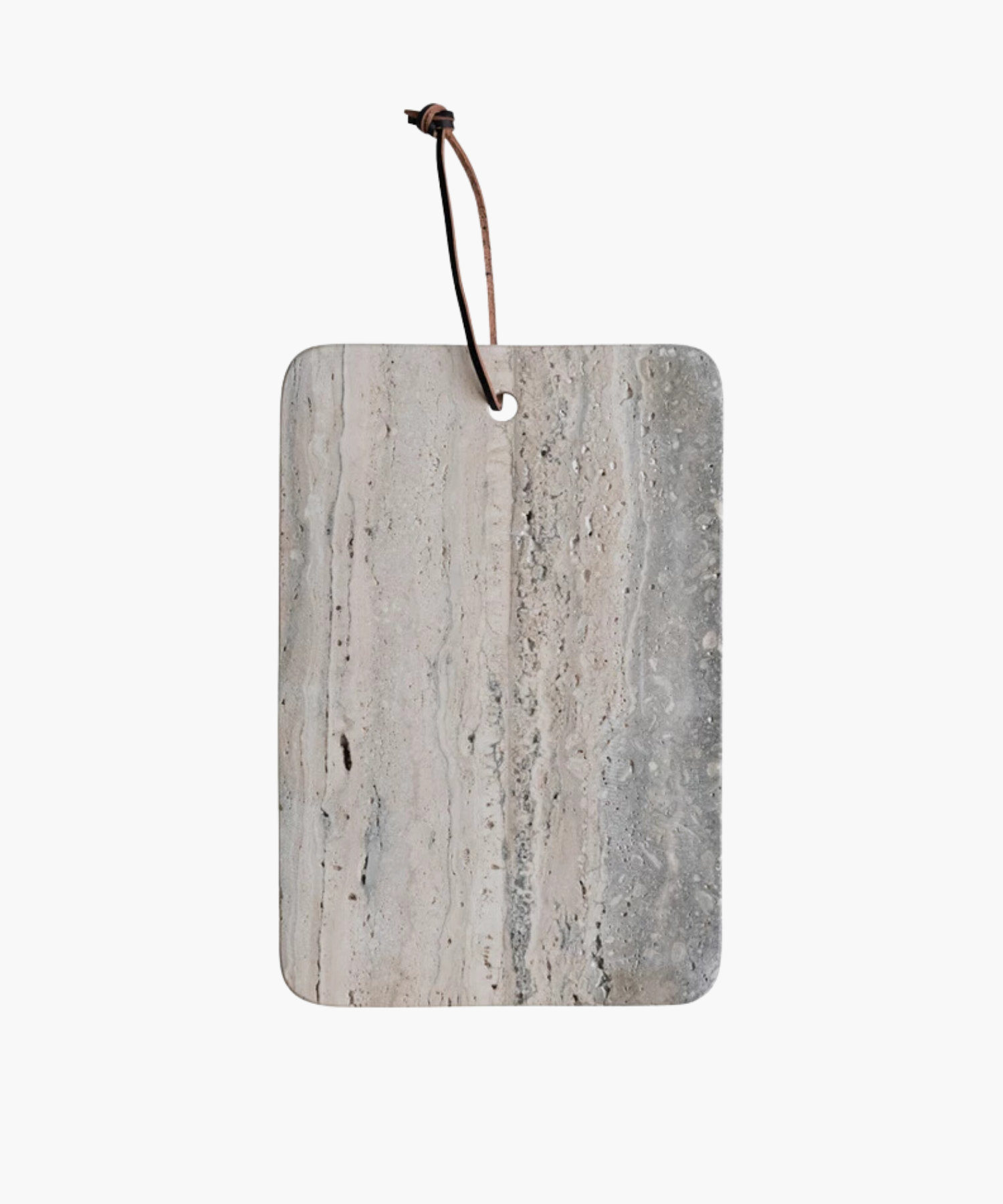 A rectangular travertine cutting board with natural gray and beige veining, featuring rounded corners and a leather strap threaded through a hole at the top.