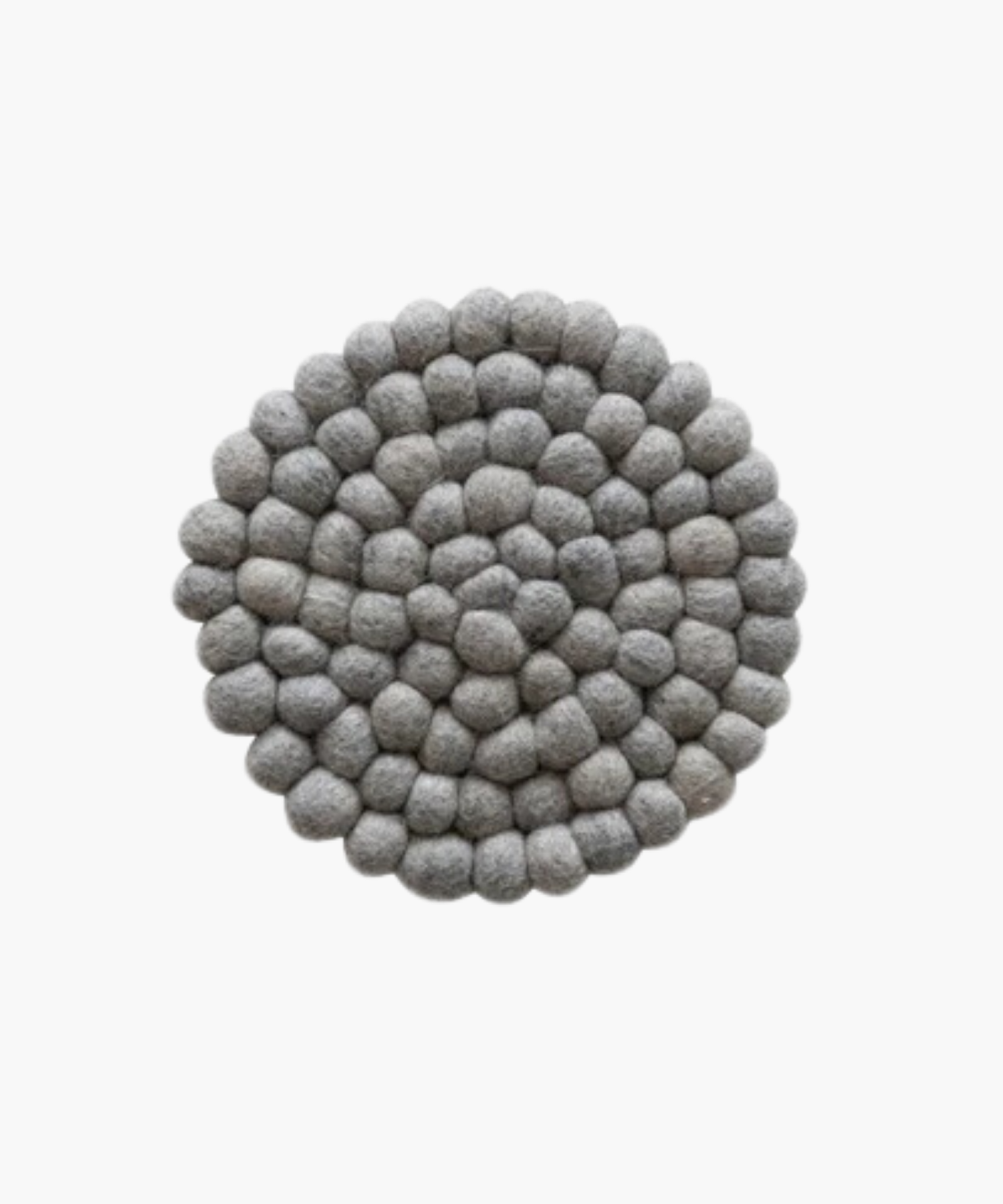 Circular felt ball trivet in soft, neutral tones. The textured surface features concentric rings of tightly packed, round felt balls for a cozy, rustic feel.